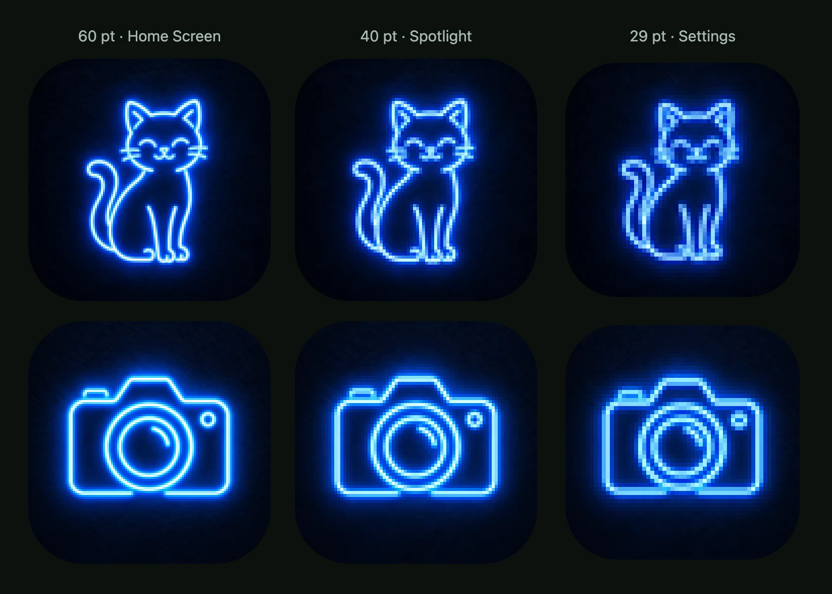 The neon cat and camera at 60, 40 and 29 pt, enlarged: the glow thins and the cat's whiskers merge into its outline