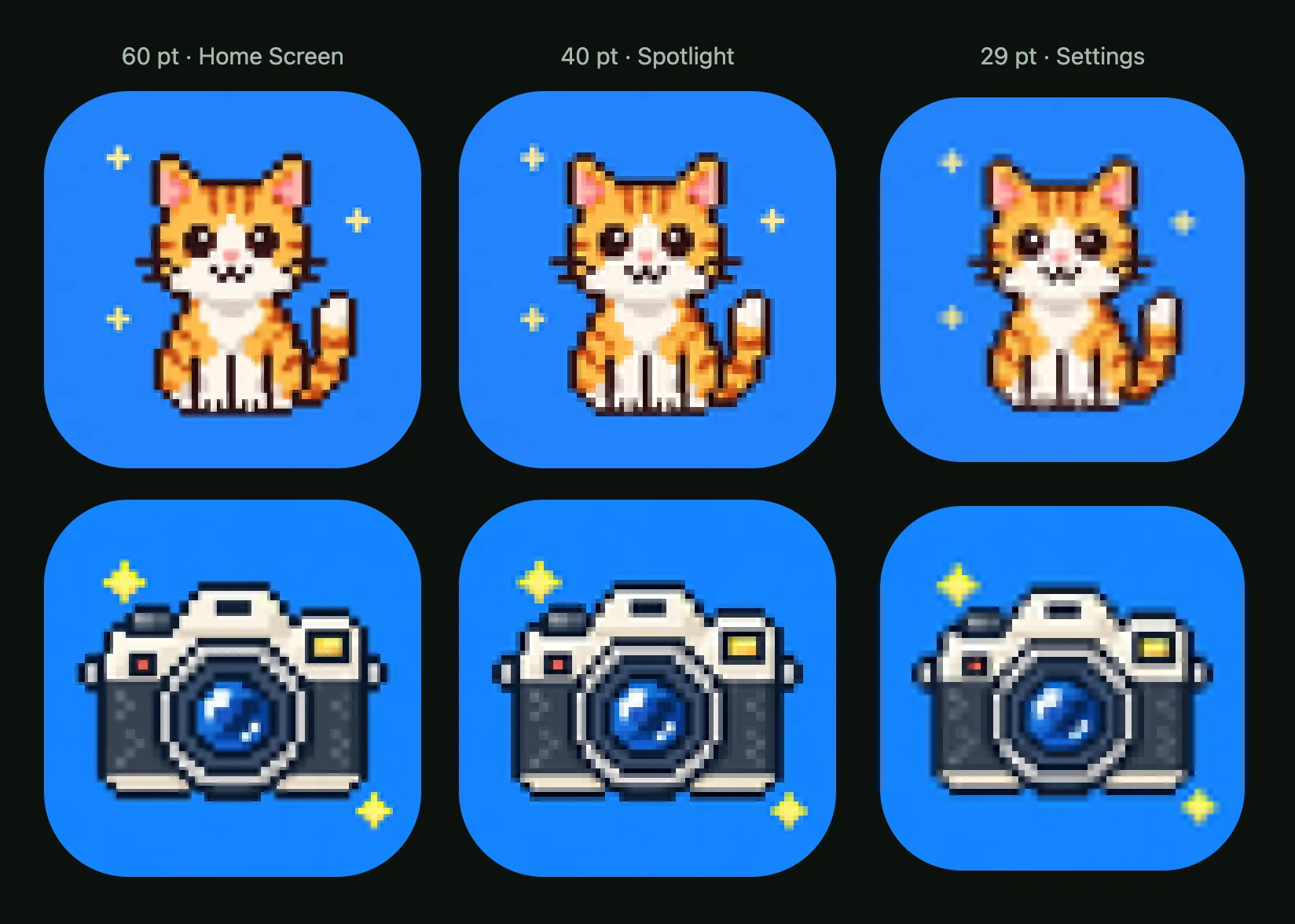 A pixel art cat and camera at 60, 40 and 29 pt, enlarged: the stair-steps soften and the sparkles fade