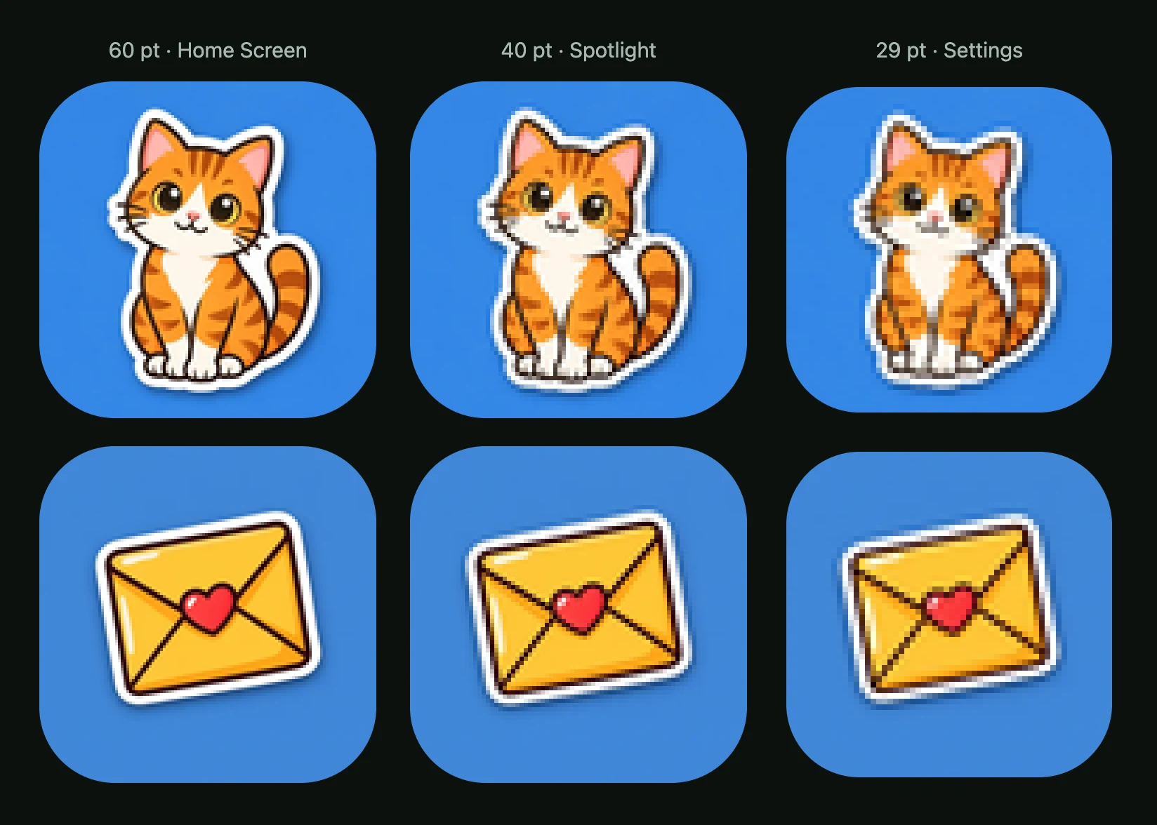 The sticker cat and envelope at 60, 40 and 29 pt, enlarged: the white border thins to a hairline but still runs round each shape