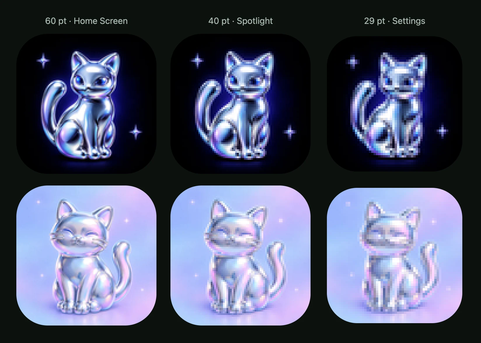 The Dark and Iridescent chrome cats at 60, 40 and 29 pt, enlarged: the reflections pale and the whiskers blur